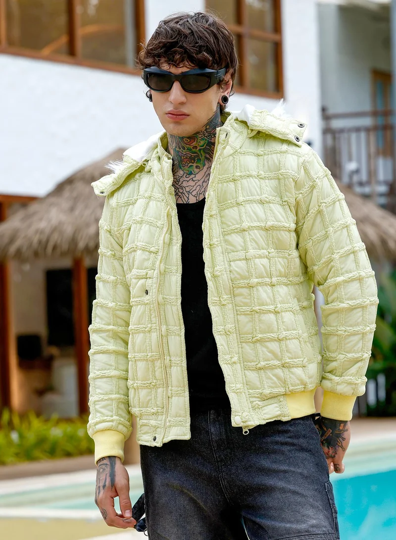 Campus Sutra Men's Grid-Tactile Puffer Jacket | Stand Collar , Long Ribbed Cuff Sleeves , Flap-Button Closure , Straight Hem | Solid Woven Textured For Casual & Daily | Lime Green