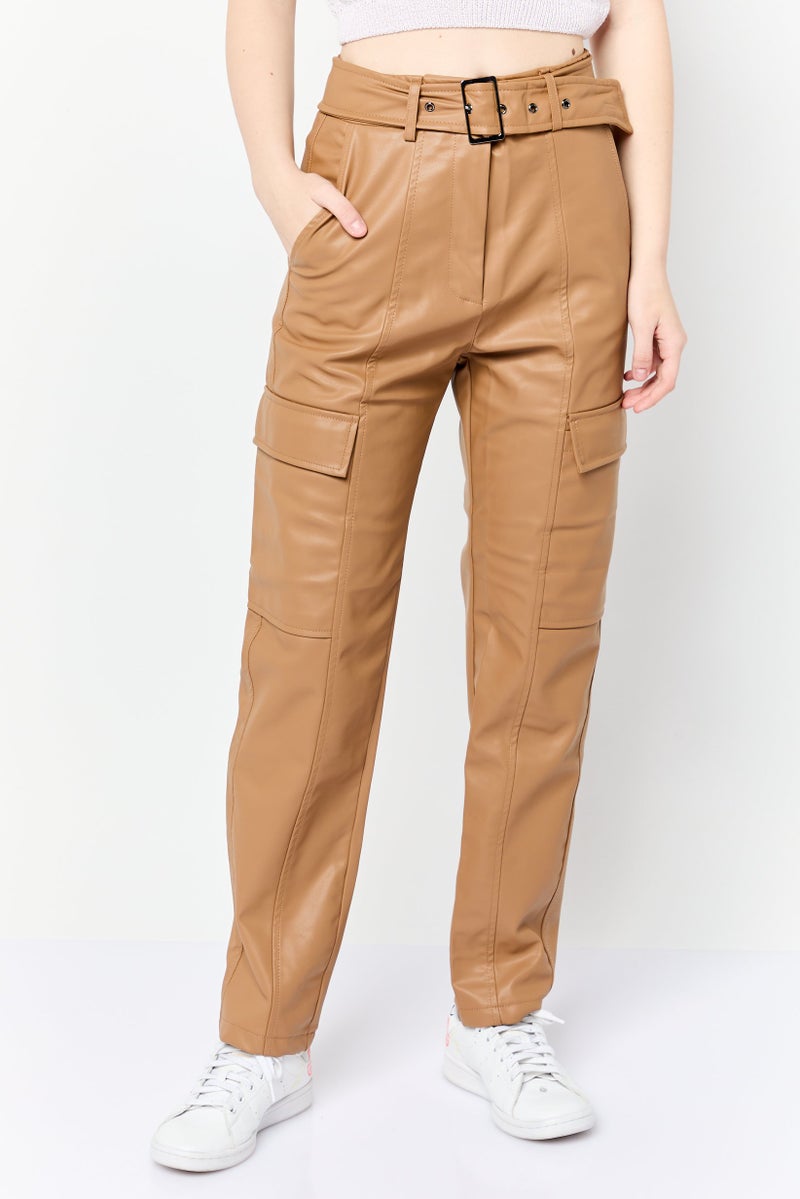 ESPRIT Women Regular Fit Plain Belted Faux Leather Cargo Pants, Tan  - Image 1