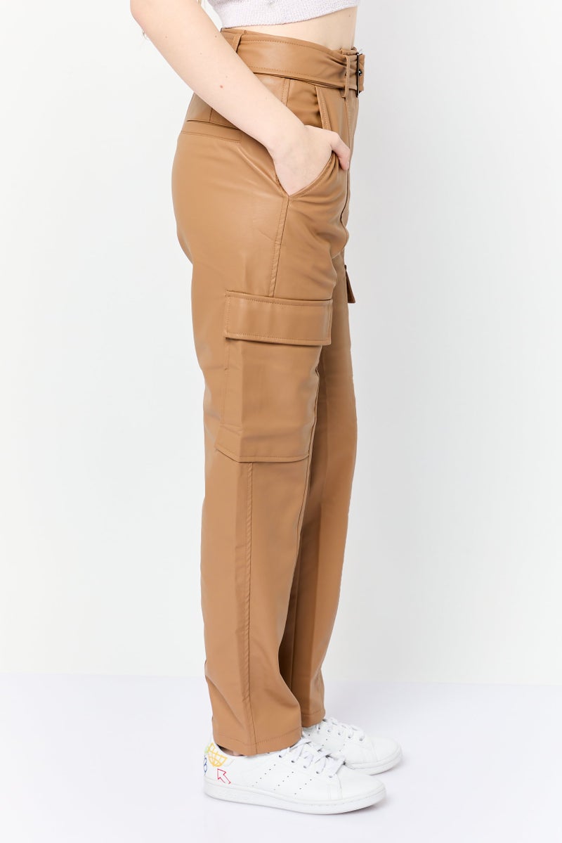 ESPRIT Women Regular Fit Plain Belted Faux Leather Cargo Pants, Tan  - Image 4
