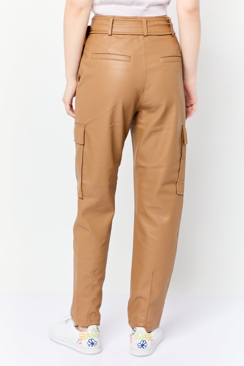 ESPRIT Women Regular Fit Plain Belted Faux Leather Cargo Pants, Tan  - Image 2