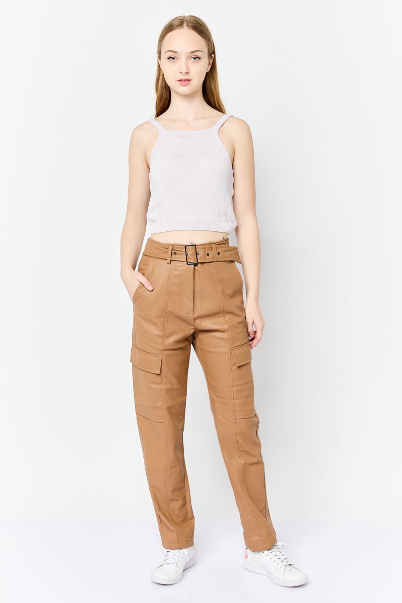 ESPRIT Women Regular Fit Plain Belted Faux Leather Cargo Pants, Tan  - Image 3