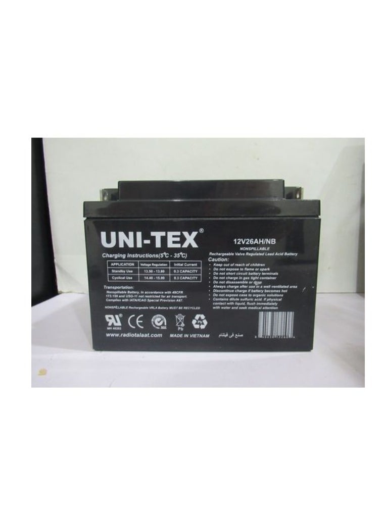 UniTex 12V26AH/NB  Rechargeable Valve Regulated Lead Acid Battery 12 Volt 26 Amp 