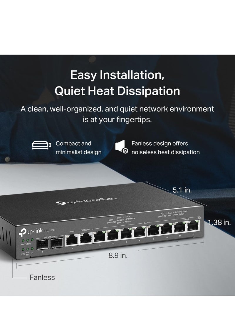 Tp-link Tl TP-Link ER7212PC | جهاز توجيه Omada، مفتاح PoE ووحدة تحكم 3 في 1 جهاز توجيه VPN جيجابت | يصل إلى 4 WAN | 8 منفذ PoE+ LAN @ 110W | بدون مروحة | تركيب سهل | توازن الحمل - Image 3