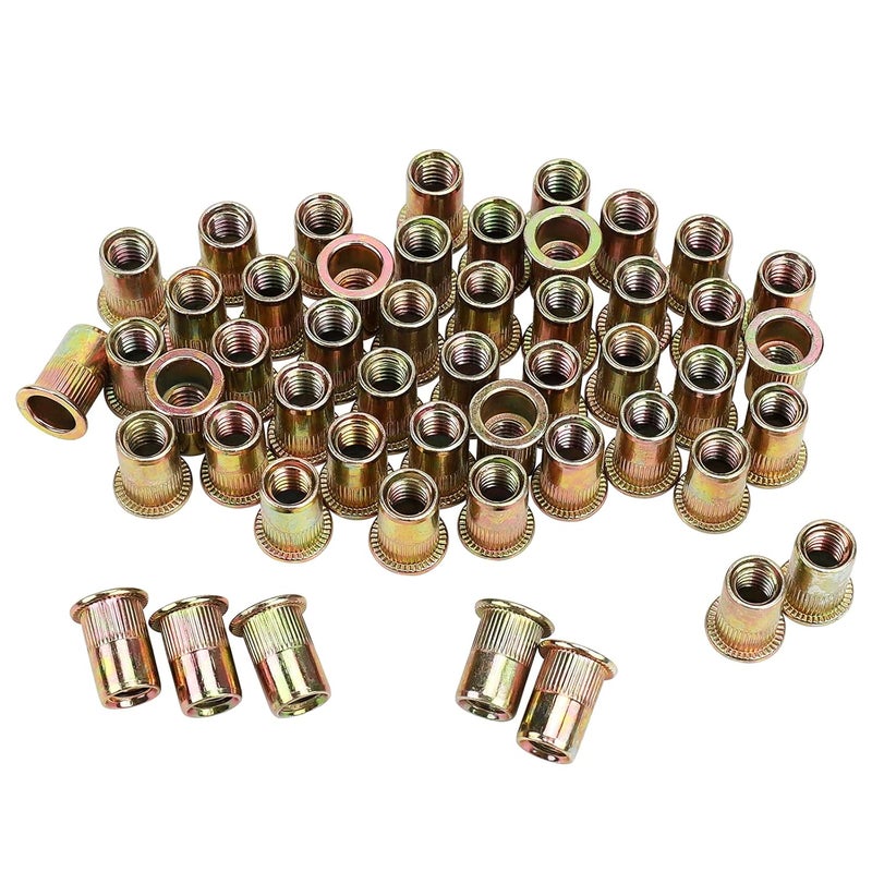 PRECIHW 100pcs Carbon Steel 5/16'' Rivet Nut, 5/16''-18UNC Flat Head Rivnut Threaded Insert Nuts Set, Rivnut Inserts for Automotive, Furniture, Decoration (Yellow Zinc Plated Finish) - Image 1