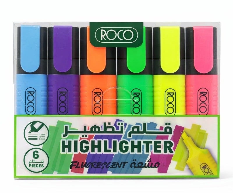 روكو طقم أقلام تظليل 6 قطع ألوان فلوريسنت حبر مائي مع مشبك - Image 1