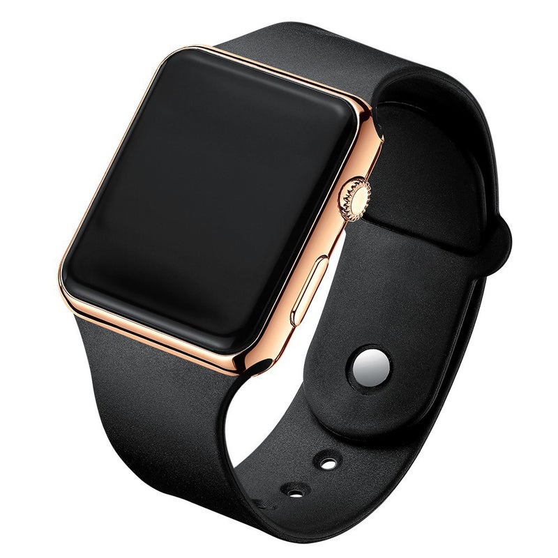 Summer push-button LED square display screen thin fashion electronic watch for lovers and students leisure sports electronic watch Rose Gold Black Belt