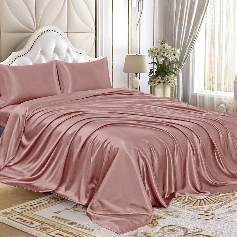 Homiest 4pcs Satin Sheets Set Luxury Silky Satin Bedding Set with Deep Pocket 1 Fitted Sheet  1 Flat Sheet  2 Pillowcases Queen Size Rich Pink