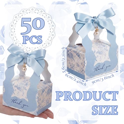 ForraFun 50 Sets Floral Wedding Favor Boxes with Pearl Pendant Bow Ribbon Floral Wedding Party Candy Boxes Bridal Gift for Guests Bridal Shower Birthday Party Anniversary SuppliesBlue - Image 3