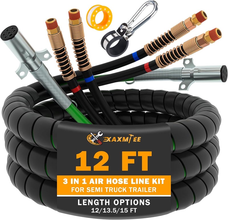 XaXmTee 12FT 3-in-1 Semi Truck Air Lines Kit for Trailer and Air Brake Hoses - Image 1