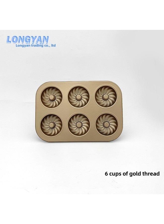 Cake Mold Non-stick 6-Piece 4-piece Cup Round Coated Baking Pan Flat Flower Donut Baking Pan Mold-Specifications:6 Cup Golden Thread - Image 1