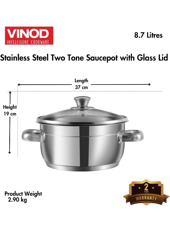 VINOD Two Tone Stainless Steel Saucepot with Glass Lid, 8.7 Litre, 28 cm | 6.2mm Thick Base SAS Bottom | Sturdy Riveted Handle | Induction Bottom | Silver - Image 5