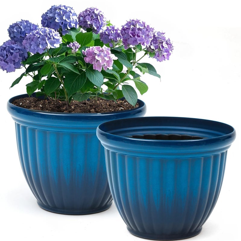 Ultym 15" Outdoor Large Flower Pots (Set of 2), Gradient Blue Plastic Planters with 3D Texture, Weather-Resistant for Garden, Patio, Porch or Indoor Use - Image 1