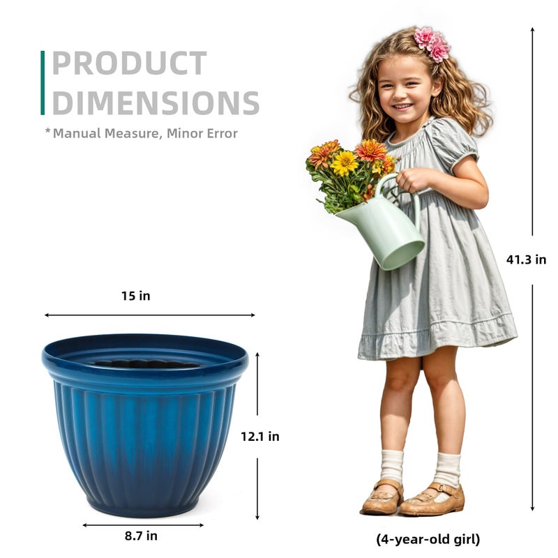Ultym 15" Outdoor Large Flower Pots (Set of 2), Gradient Blue Plastic Planters with 3D Texture, Weather-Resistant for Garden, Patio, Porch or Indoor Use - Image 5
