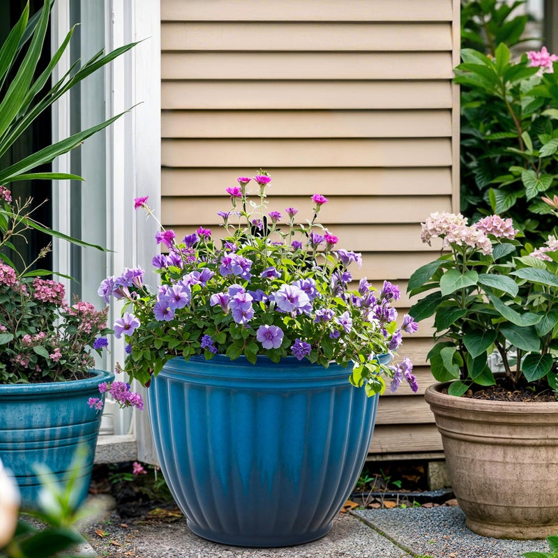 Ultym 15" Outdoor Large Flower Pots (Set of 2), Gradient Blue Plastic Planters with 3D Texture, Weather-Resistant for Garden, Patio, Porch or Indoor Use - Image 4