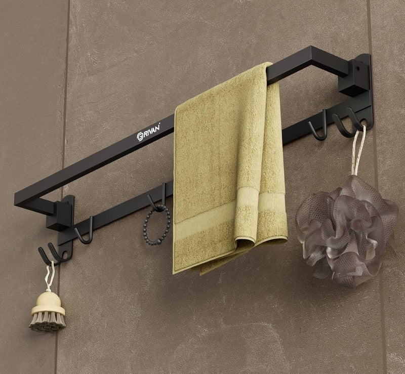 GRIVAN Anti-Rust Stainless Steel 24 Inch Foldable Towel Rod/Shelf/Stand for Bathroom, Towel Holder with Hooks and Hanger (Black Matte Finish) - Image 1