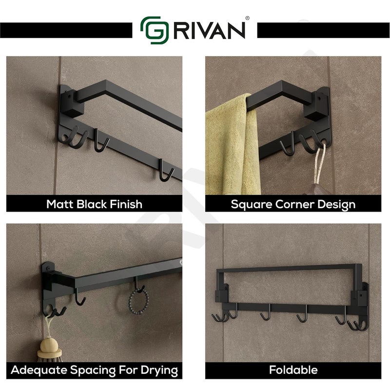 GRIVAN Anti-Rust Stainless Steel 24 Inch Foldable Towel Rod/Shelf/Stand for Bathroom, Towel Holder with Hooks and Hanger (Black Matte Finish) - Image 4