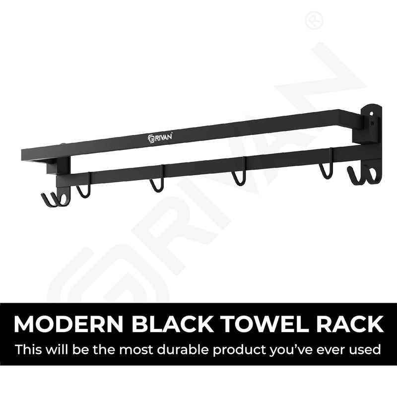 GRIVAN Anti-Rust Stainless Steel 24 Inch Foldable Towel Rod/Shelf/Stand for Bathroom, Towel Holder with Hooks and Hanger (Black Matte Finish) - Image 3