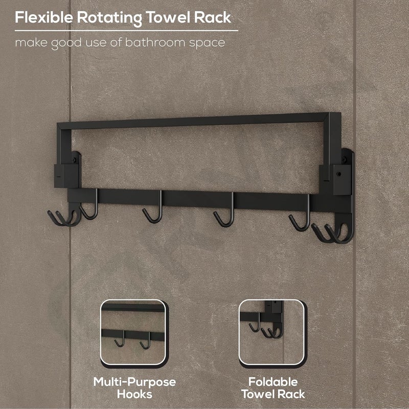 GRIVAN Anti-Rust Stainless Steel 24 Inch Foldable Towel Rod/Shelf/Stand for Bathroom, Towel Holder with Hooks and Hanger (Black Matte Finish) - Image 5