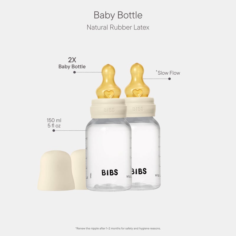BIBS Baby Bottle 5 oz / 150 ml Natural Rubber Latex Nipple 2 Pack - Anti-Colic, BPA-Free, Round Nipple, Slow Flow, Lightweight & Easy to Clean, Suitable for Newborns 0+ Years - Ivory - Image 2