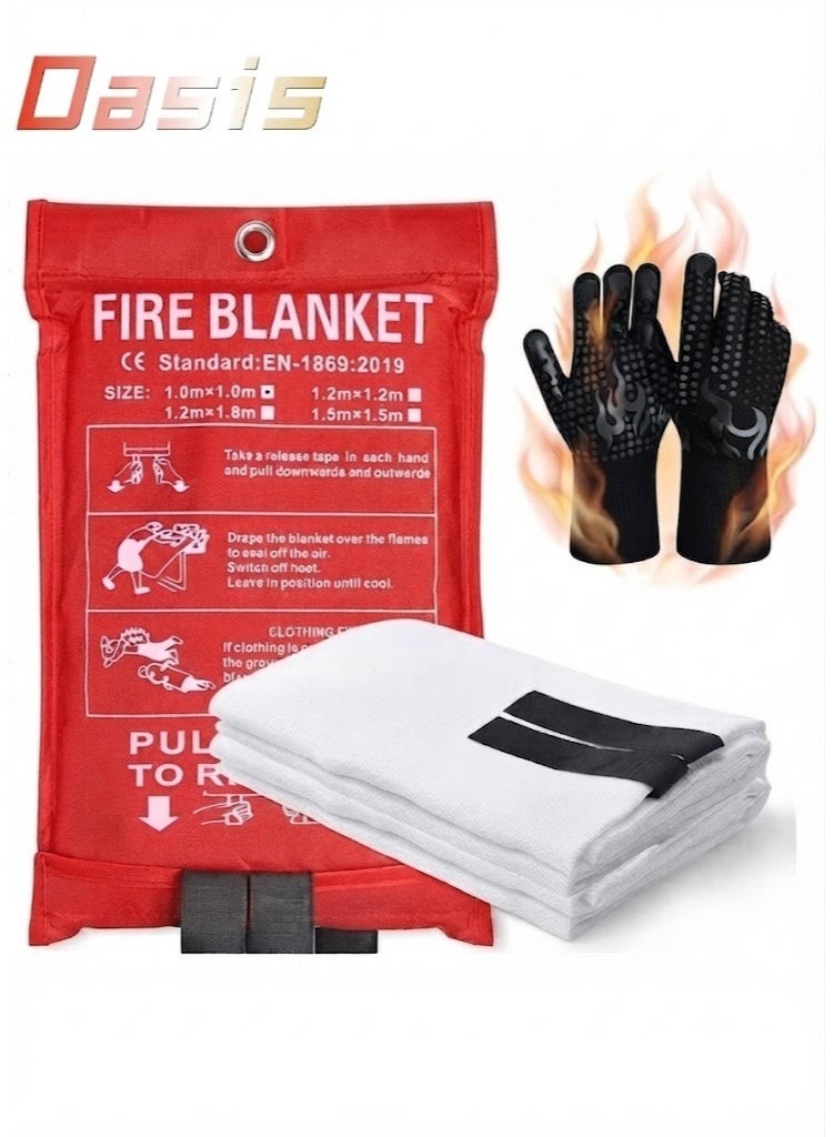 Oasis Emergency Fire Blanket for Home & Kitchen - 1m x 1m Fire Retardant Safety Shield, Ideal for Grease Fires, Grill, & Office, Includes Protective Gloves - Image 1