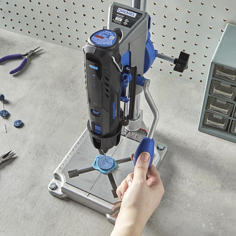DREMEL Drill Press Rotary Tool Workstation Stand with Wrench- 220-01- Mini Portable Press- Holder- 2 Inch Depth- Ideal for Drilling Perpendicular and Angled Holes- Table Top, Silver - Image 5