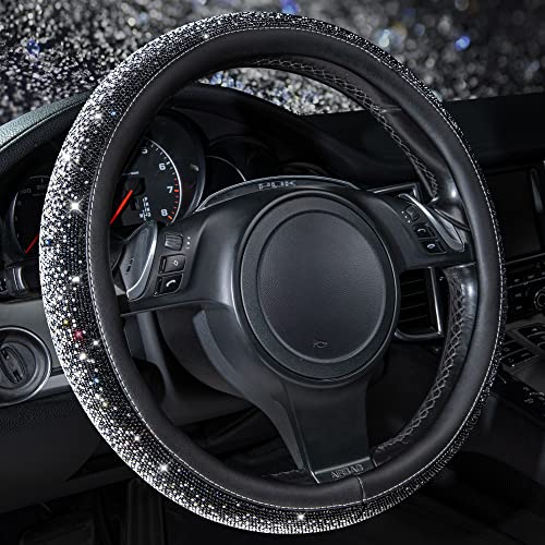 CAR PASS Bling Diamond Leather Steering Wheel Cover Bling Sparkly Crystal Glitter Rhinestones Universal Fit 14 1215 Car Wheel Protector for Women Girl Fit SuvsVansSedansTrucks Black Silver - Image 1
