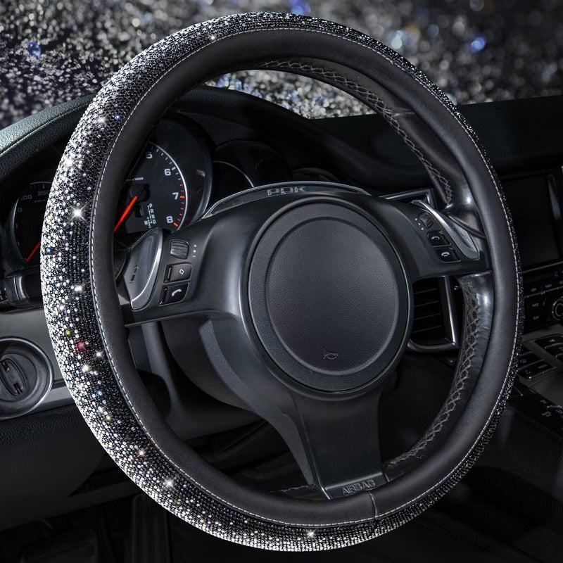 CAR PASS Bling Diamond Leather Steering Wheel Cover Bling Sparkly Crystal Glitter Rhinestones Universal Fit 14 1215 Car Wheel Protector for Women Girl Fit SuvsVansSedansTrucks Black Silver - Image 2