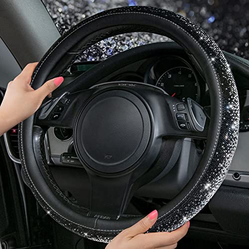 CAR PASS Bling Diamond Leather Steering Wheel Cover Bling Sparkly Crystal Glitter Rhinestones Universal Fit 14 1215 Car Wheel Protector for Women Girl Fit SuvsVansSedansTrucks Black Silver - Image 4