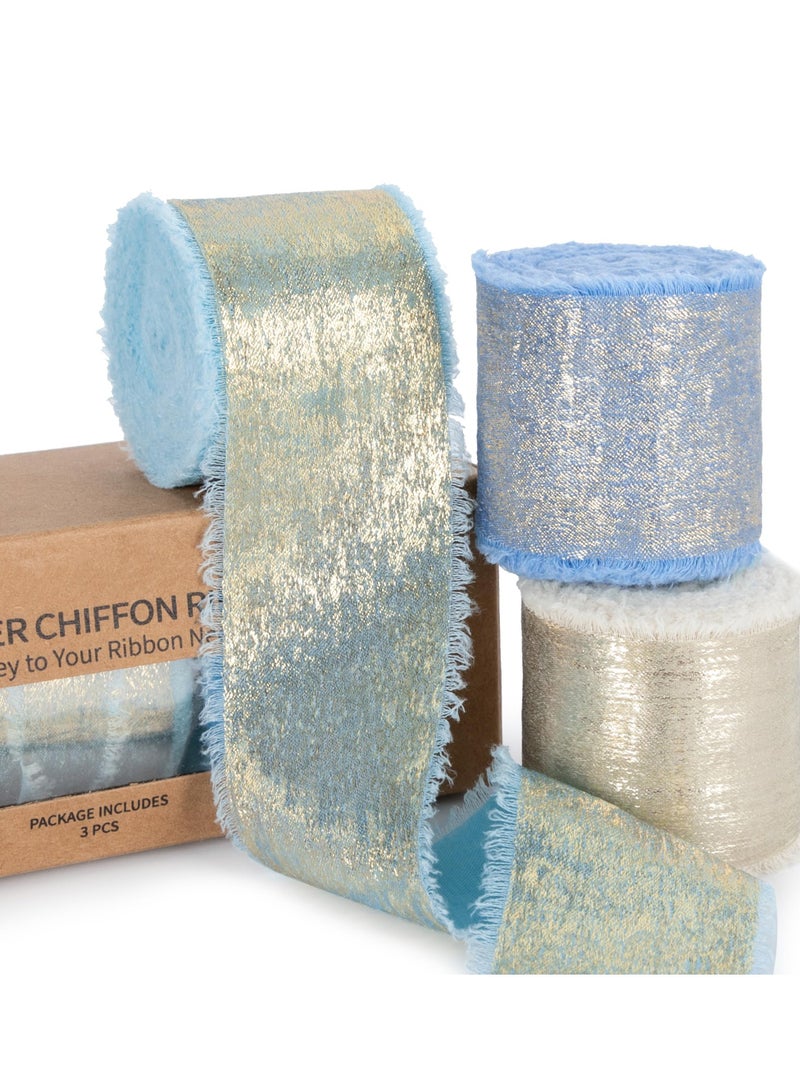 شو وو 3 لفات من شرائط الشيفون الأزرق، مجموعة شرائط حرير ذهبية لامعة لعيد الميلاد لتغليف الهدايا وباقات الزهور وديكور الزفاف DIY، 4 سم × 4.5 متر، ختم ساخن - Image 1