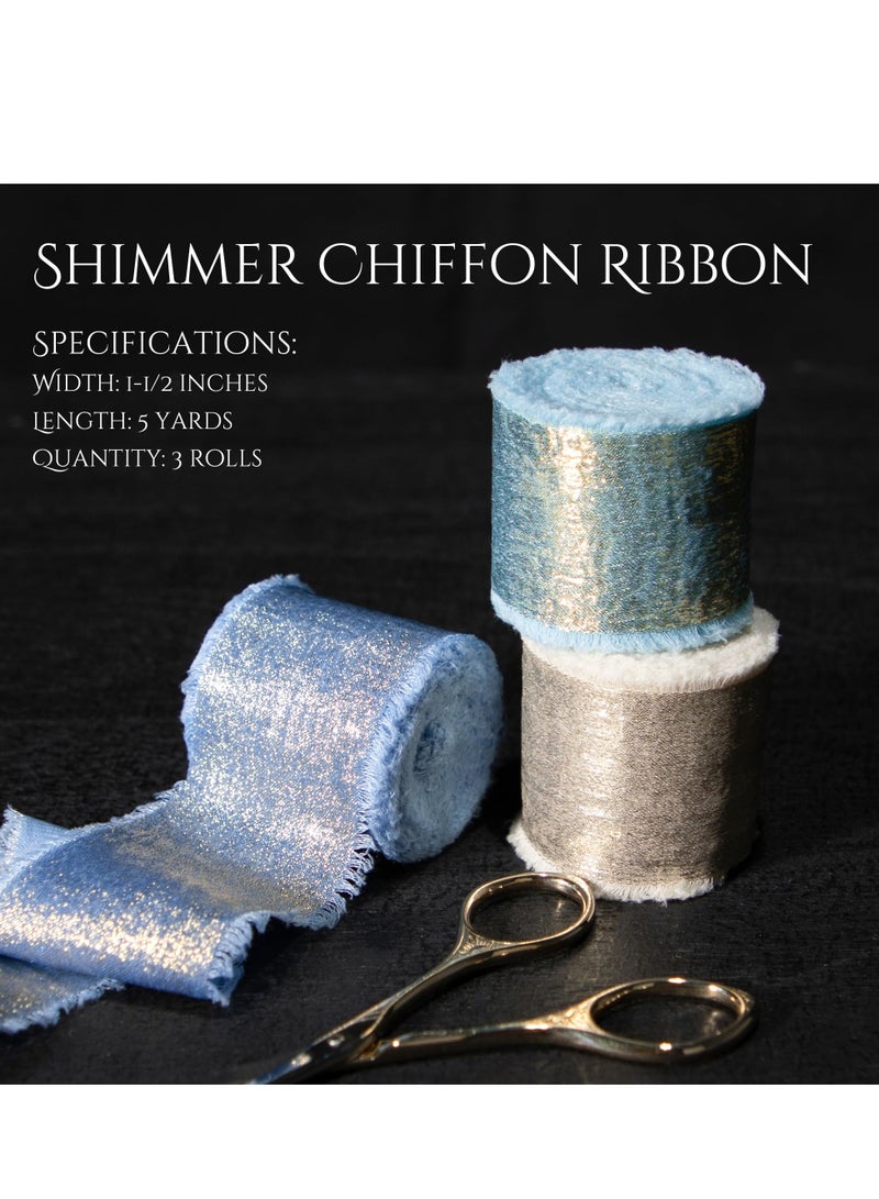 شو وو 3 لفات من شرائط الشيفون الأزرق، مجموعة شرائط حرير ذهبية لامعة لعيد الميلاد لتغليف الهدايا وباقات الزهور وديكور الزفاف DIY، 4 سم × 4.5 متر، ختم ساخن - Image 2