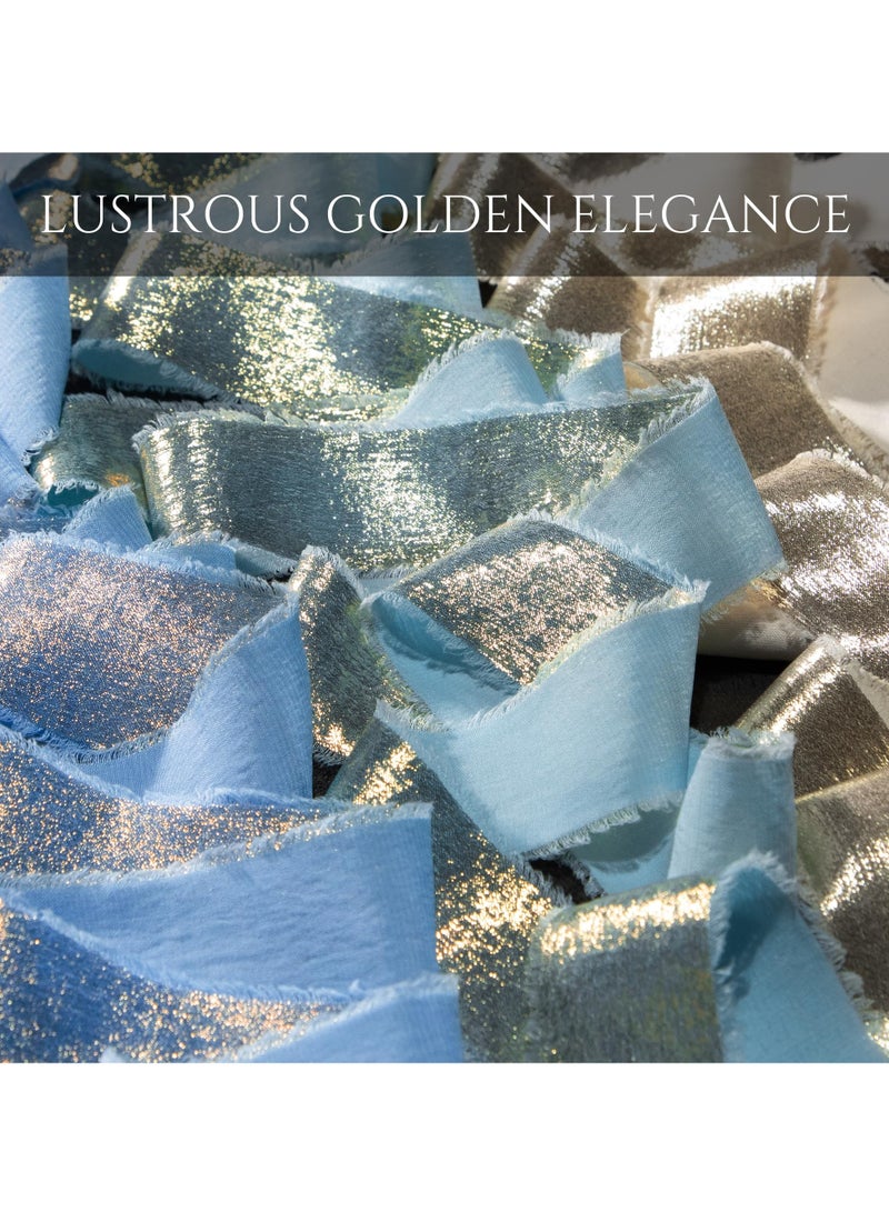 شو وو 3 لفات من شرائط الشيفون الأزرق، مجموعة شرائط حرير ذهبية لامعة لعيد الميلاد لتغليف الهدايا وباقات الزهور وديكور الزفاف DIY، 4 سم × 4.5 متر، ختم ساخن - Image 3