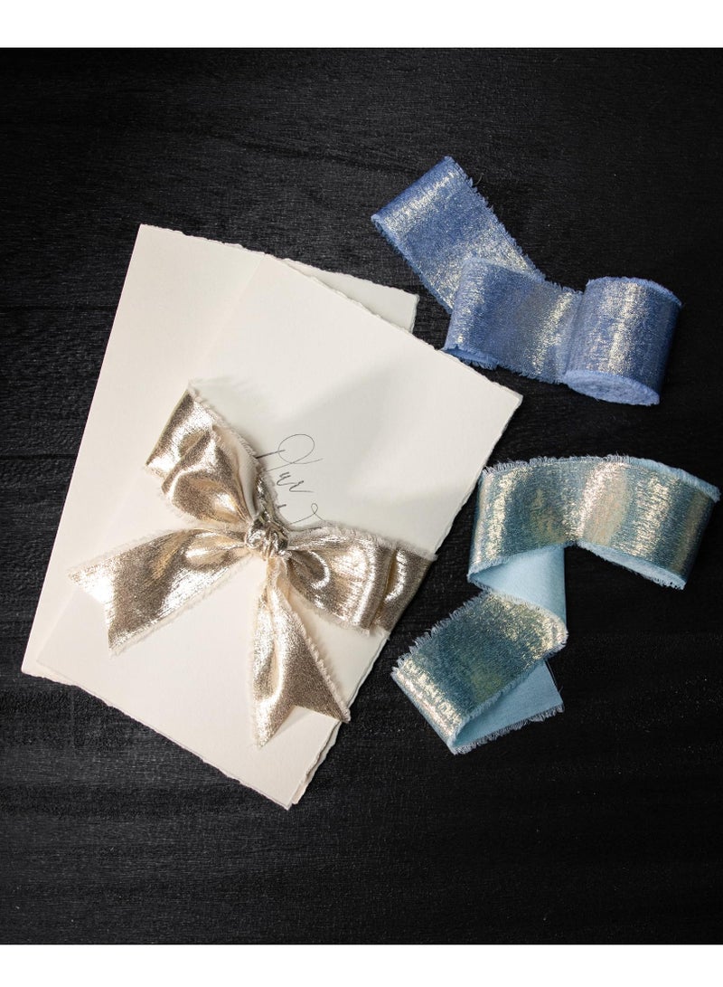 شو وو 3 لفات من شرائط الشيفون الأزرق، مجموعة شرائط حرير ذهبية لامعة لعيد الميلاد لتغليف الهدايا وباقات الزهور وديكور الزفاف DIY، 4 سم × 4.5 متر، ختم ساخن - Image 4