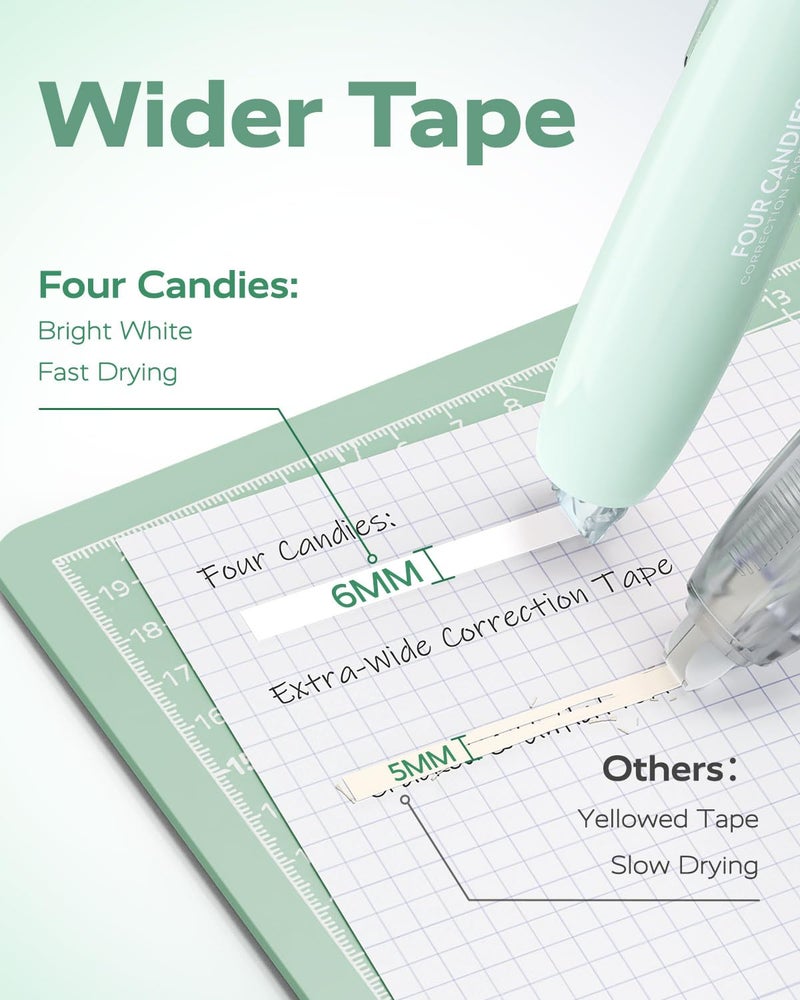 Four Candies Refillable Retractable White Correction Tape, 4PCS Smooth White Pull-Out Tape with 4 Extra Refills, Easy to Use Applicator for Instant Corrections for Office, School Supplies (Green) - Image 2