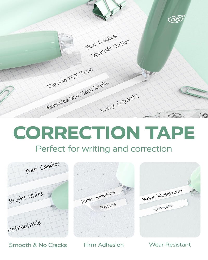 Four Candies Refillable Retractable White Correction Tape, 4PCS Smooth White Pull-Out Tape with 4 Extra Refills, Easy to Use Applicator for Instant Corrections for Office, School Supplies (Green) - Image 4