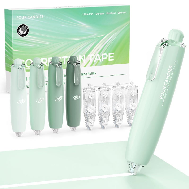 Four Candies Refillable Retractable White Correction Tape, 4PCS Smooth White Pull-Out Tape with 4 Extra Refills, Easy to Use Applicator for Instant Corrections for Office, School Supplies (Green) - Image 1