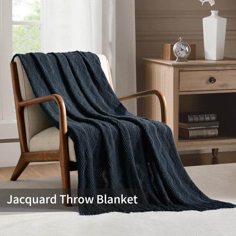 BOURINA Throw Blanket Textured Solid Soft Throws and Blankets for Sofa or Bed Knitted Decorative Blanket Ripple 50x60 Inches Navy - Image 2