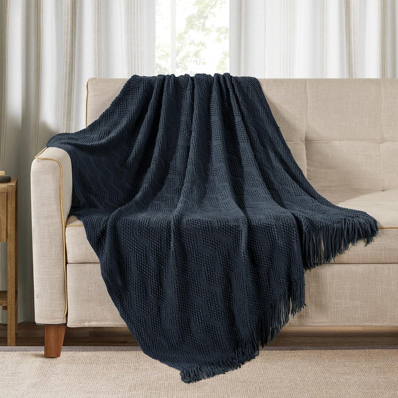 BOURINA Throw Blanket Textured Solid Soft Throws and Blankets for Sofa or Bed Knitted Decorative Blanket Ripple 50x60 Inches Navy - Image 1