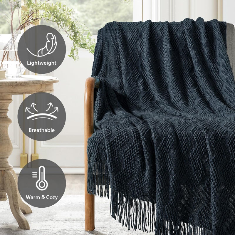 BOURINA Throw Blanket Textured Solid Soft Throws and Blankets for Sofa or Bed Knitted Decorative Blanket Ripple 50x60 Inches Navy - Image 3