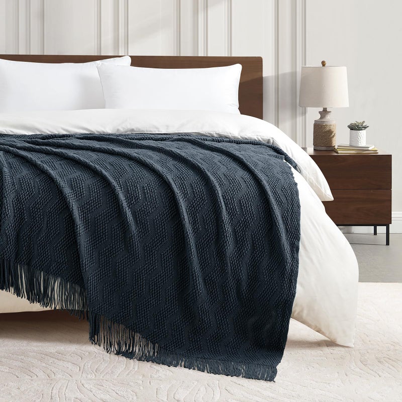 BOURINA Throw Blanket Textured Solid Soft Throws and Blankets for Sofa or Bed Knitted Decorative Blanket Ripple 50x60 Inches Navy - Image 4