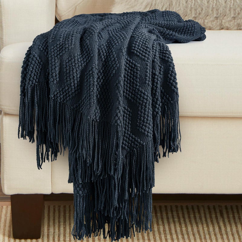 BOURINA Throw Blanket Textured Solid Soft Throws and Blankets for Sofa or Bed Knitted Decorative Blanket Ripple 50x60 Inches Navy - Image 5