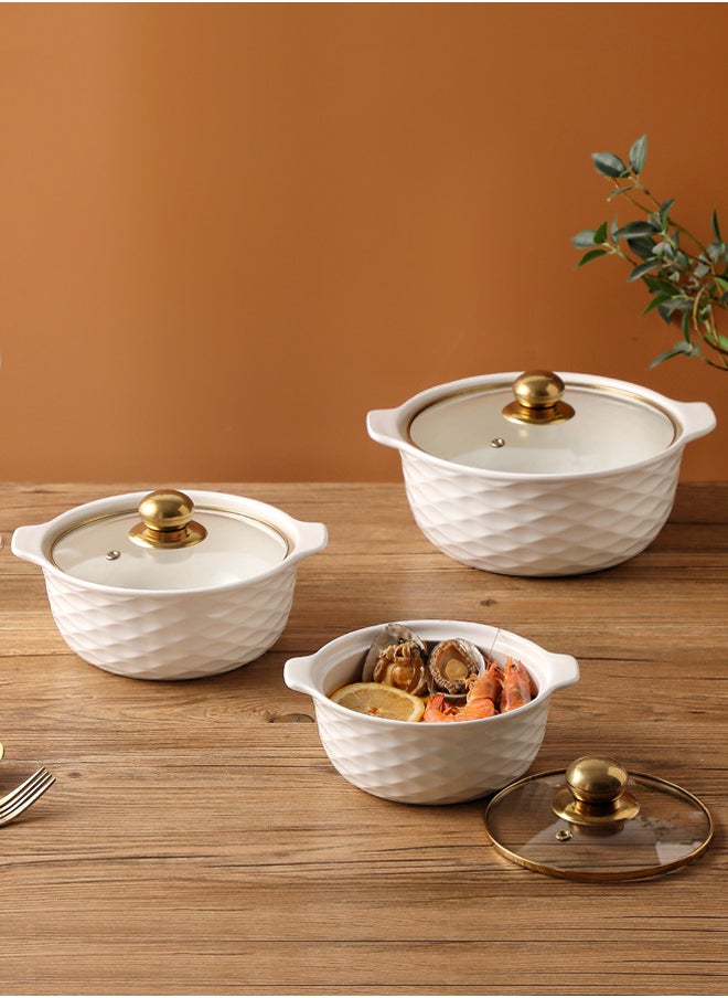 Dove 3-Piece Porcelain Bowl Set With Glass Lid White/Gold; Small Bowl 8 Inch, Medium Bowl 9 Inch, Large Bowl 10.5 Inch 