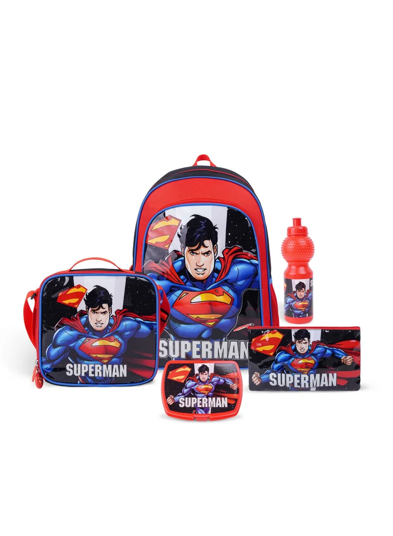 Warner Bros. DC Superman Up In The Sky 5-in-1 School Backpack Set, 18-Inch- Backpack, Lunch Bag, Water Bottle, Pencil Case & Lunch Box for Boys, School Bag