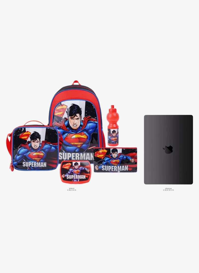 Warner Bros. DC Superman Up In The Sky 5-in-1 School Backpack Set, 18-Inch- Backpack, Lunch Bag, Water Bottle, Pencil Case & Lunch Box for Boys, School Bag