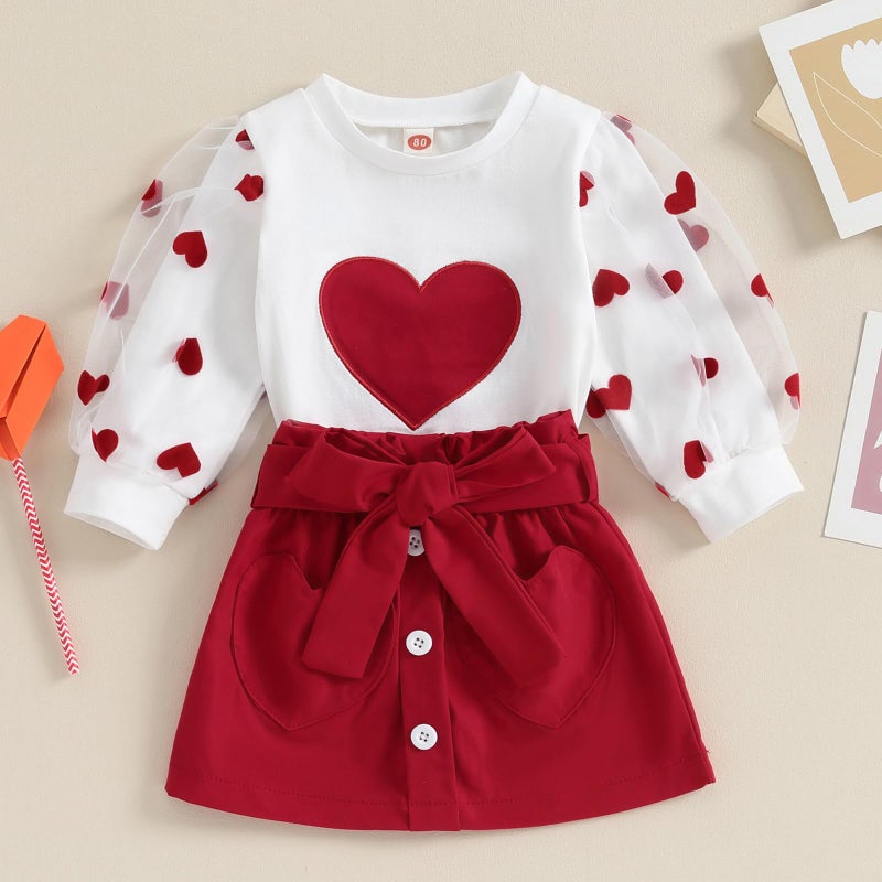 Gureui Toddler Baby Girl Valentines Day Outfit Long Sleeve Red Heart Print Sweatshirt Skirt Clothes Set (A White Heart, 12-18 Months) - Image 3