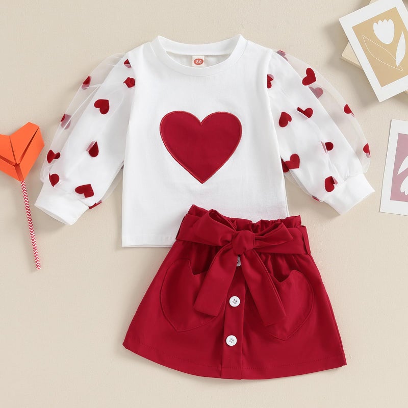 Gureui Toddler Baby Girl Valentines Day Outfit Long Sleeve Red Heart Print Sweatshirt Skirt Clothes Set (A White Heart, 12-18 Months) - Image 2