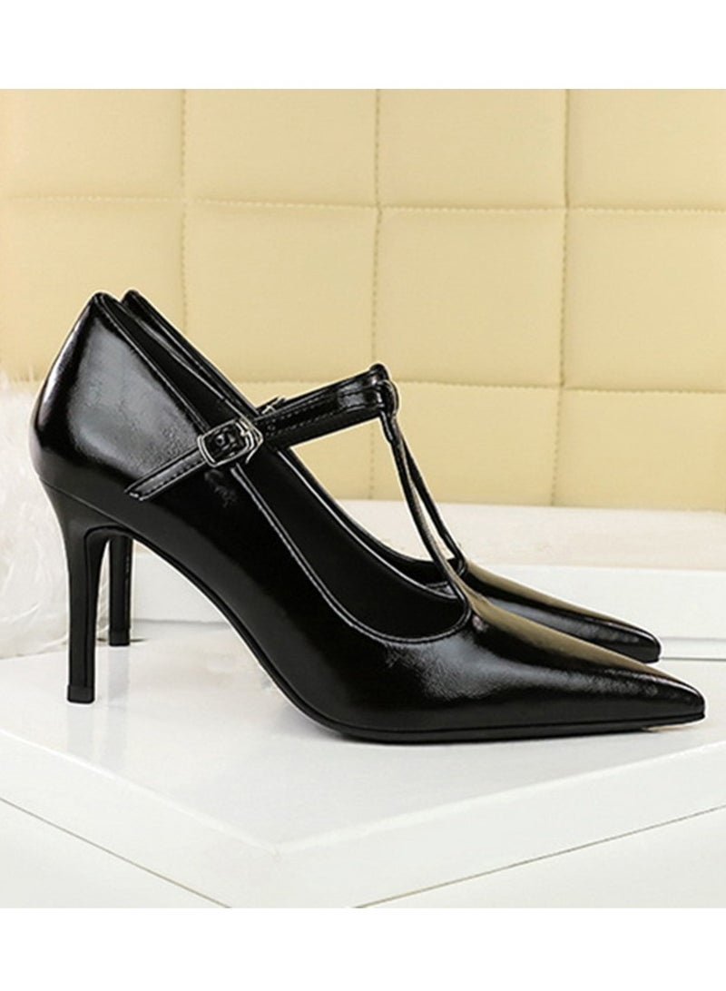 BIGTREE Women's Closed Pointed Toe High Heels With T-Ankle Straps Stiletto Pumps Black 8CM - Image 2