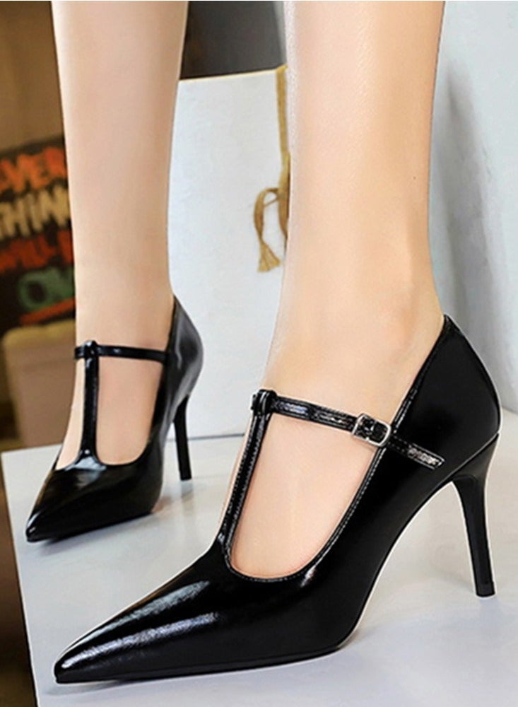 BIGTREE Women's Closed Pointed Toe High Heels With T-Ankle Straps Stiletto Pumps Black 8CM - Image 3