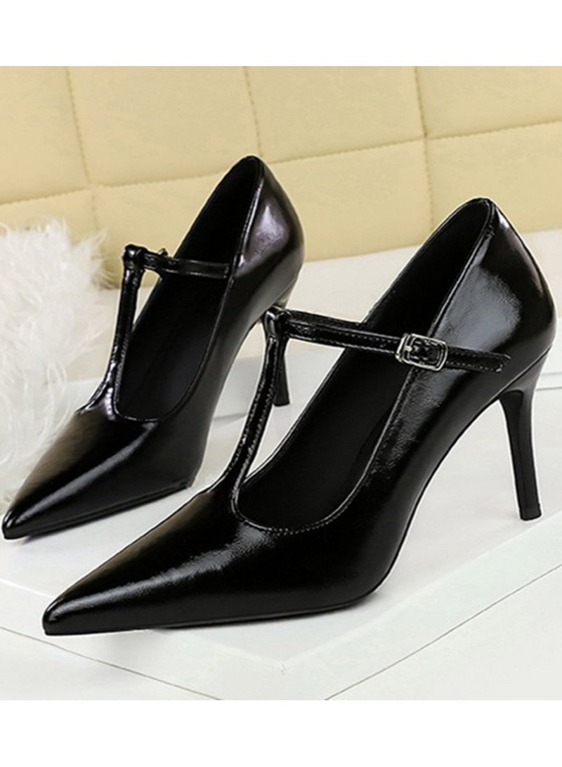 BIGTREE Women's Closed Pointed Toe High Heels With T-Ankle Straps Stiletto Pumps Black 8CM - Image 1