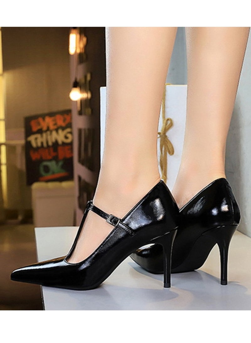 BIGTREE Women's Closed Pointed Toe High Heels With T-Ankle Straps Stiletto Pumps Black 8CM - Image 4