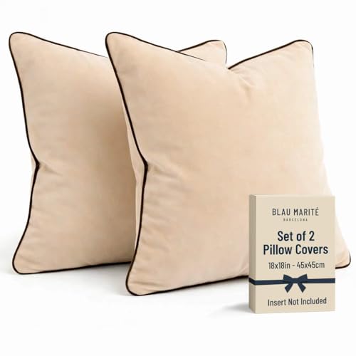Blau Marité 2 Pack Velvet Decorative Throw Pillow Covers, 18"x18", Beige and Brown, Solid, Modern, Contrast Piping, Indoor Use, Bedroom & Living Room - Image 1